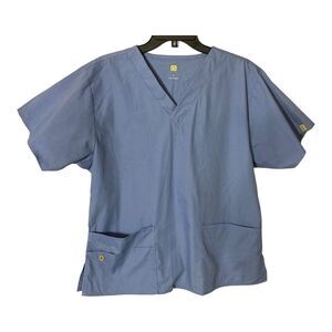 WonderWink 6016 Women's Large Ceil Blue Origins Bravo V-Neck Scrub Top EUC